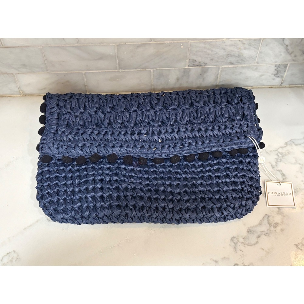 Shiraleah Chicago Linda Clutch Navy Blue Woven Straw Pom Pom Bag New